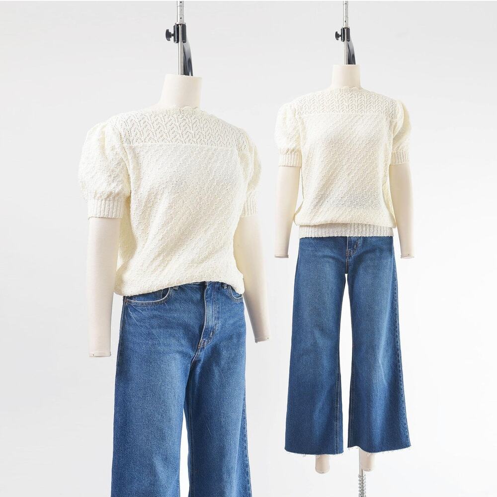 Vintage 80s Off White Puff Sleeve Sweater Boho Sheer Lace Knit Top size M